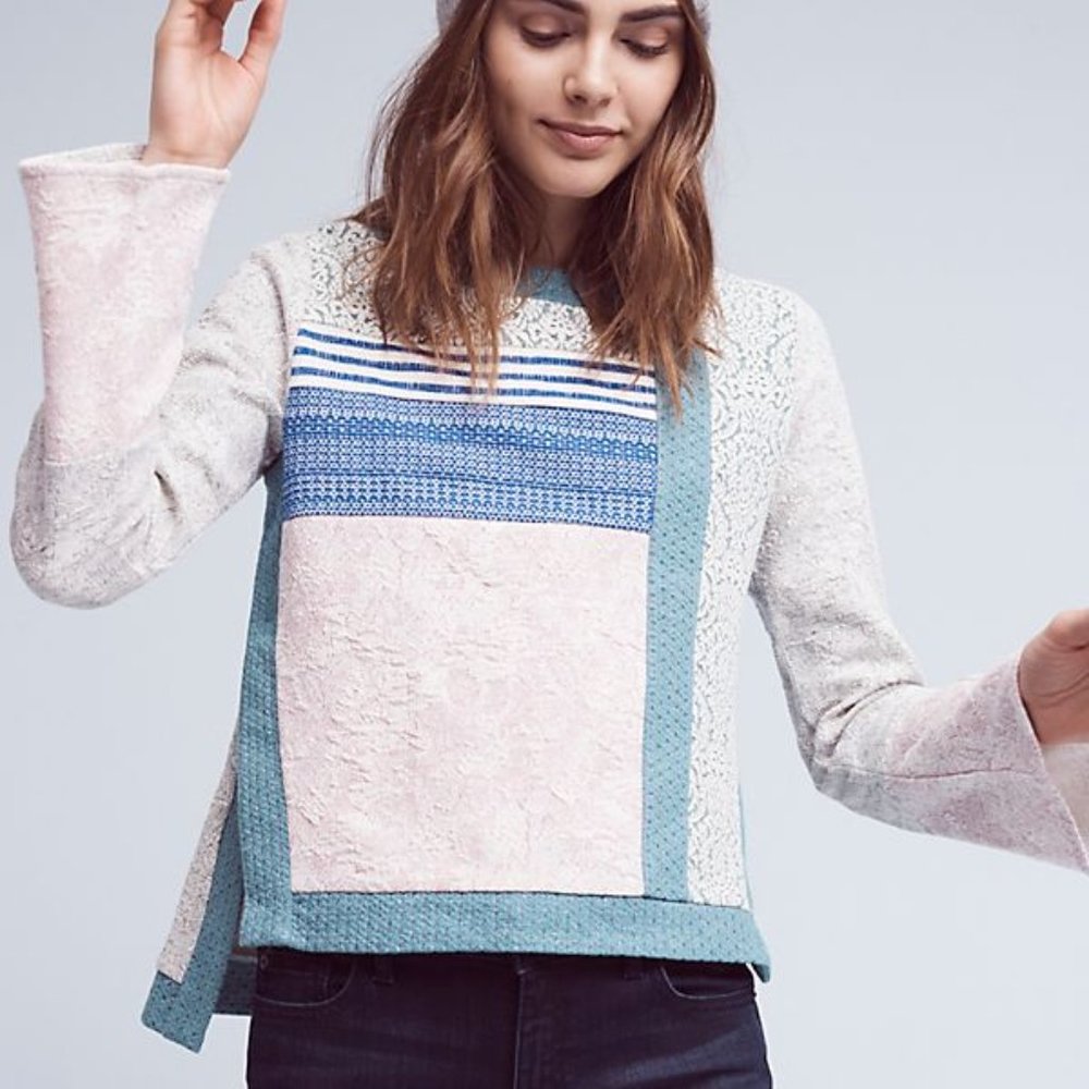 Anthropologie Patchwork Texture Top in Blue, Pink, Cream